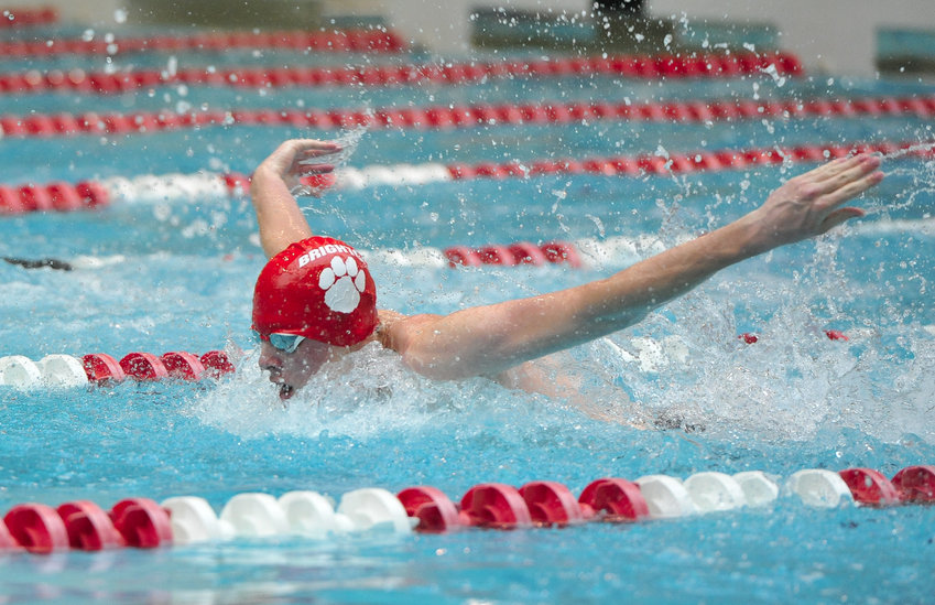 Brighton's Jespyn BIshop swims a leg of the 100-yard butterfly in the state 5A swimming meet at Veterans Memorial Aquatic Center in Thornton June 24. He finished 23rd in this face and took seventh in the 50- freestyle.
